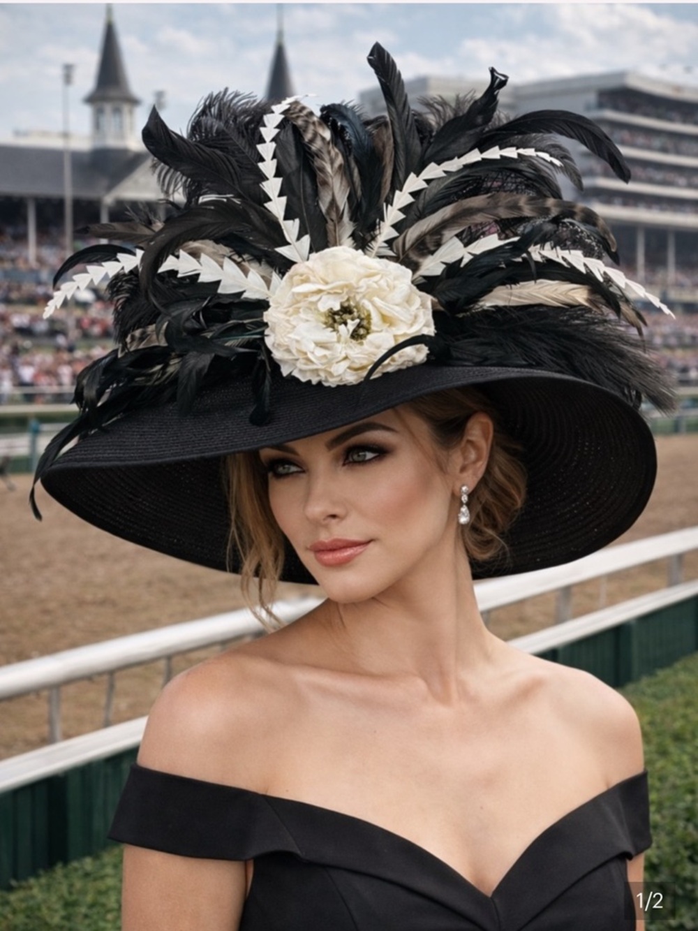 Elegant Black & Cream Feathered Decorative Hat- Kentucky Derby Ready🏇🏼